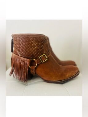 Ariat Dark Tan Leather Taro 24 Fringed Buckle Booties Sz 8